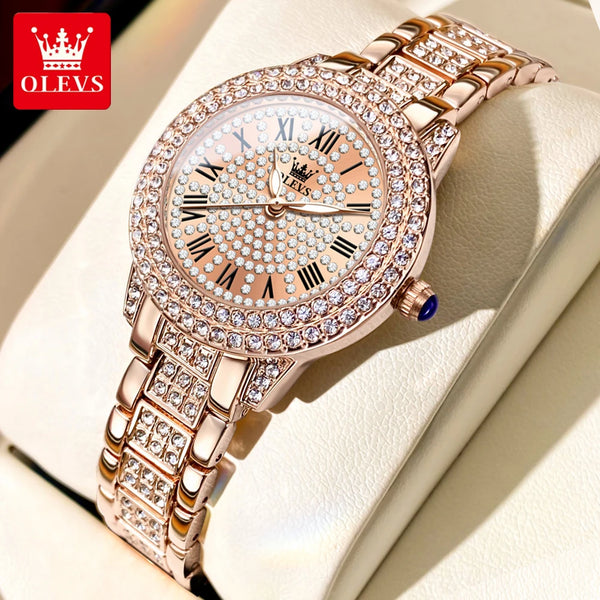 OLEVS Women's Watches Fashion Original Quartz Wrist Watch for Ladies Roman Dial Dazzling Diamond Waterproof Luminous Luxury New
