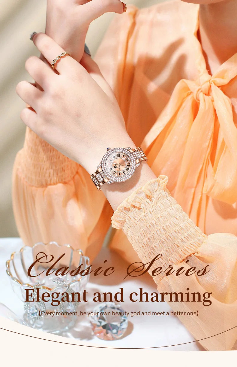 OLEVS Women's Watches Fashion Original Quartz Wrist Watch for Ladies Roman Dial Dazzling Diamond Waterproof Luminous Luxury New