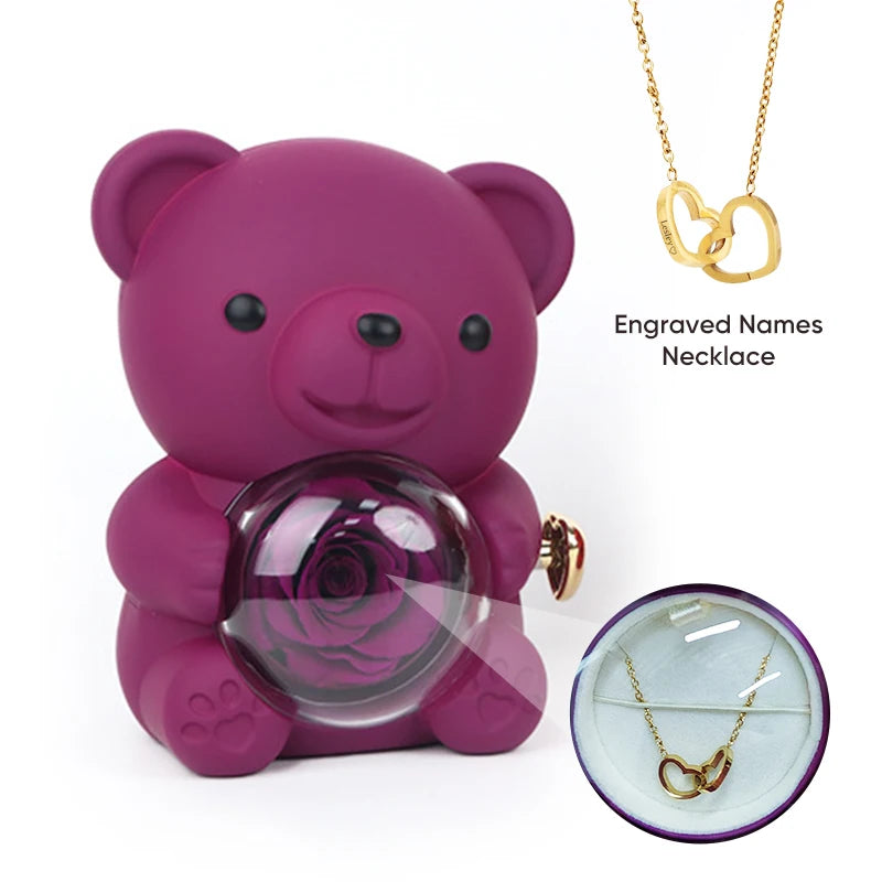 Exquisite Teddy Bear Gift Box with Eternal Rose & Custom Jewelry