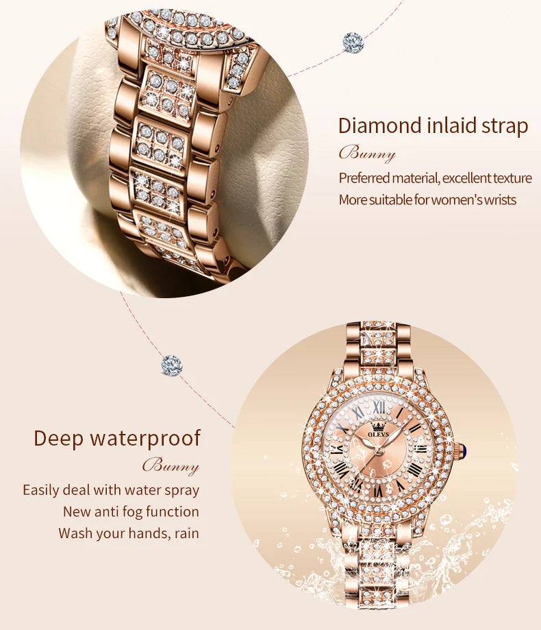 OLEVS Women's Watches Fashion Original Quartz Wrist Watch for Ladies Roman Dial Dazzling Diamond Waterproof Luminous Luxury New