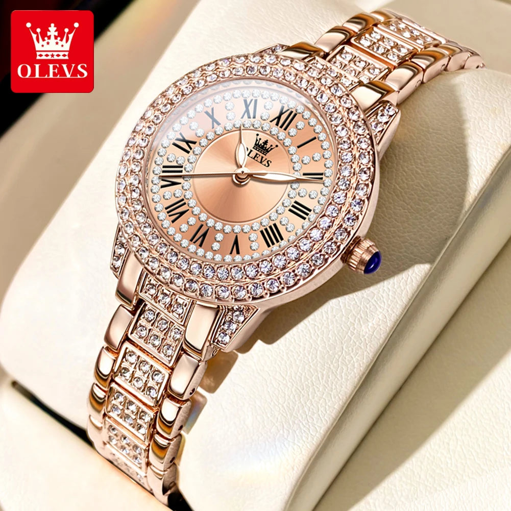 OLEVS Women's Watches Fashion Original Quartz Wrist Watch for Ladies Roman Dial Dazzling Diamond Waterproof Luminous Luxury New