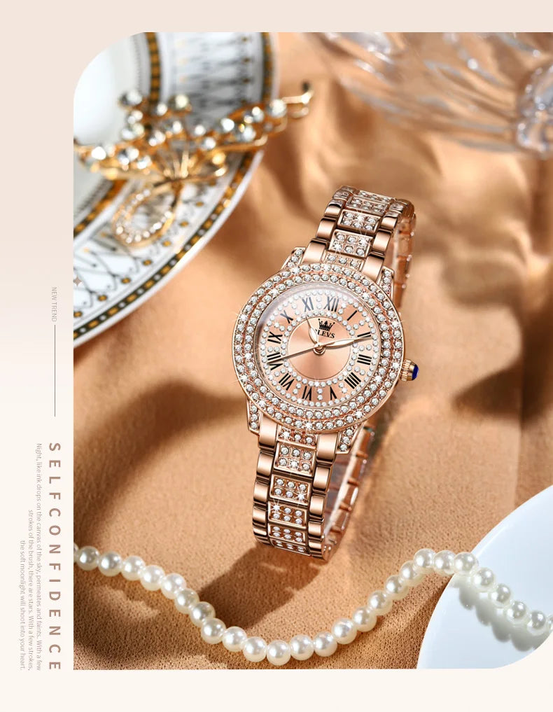 OLEVS Women's Watches Fashion Original Quartz Wrist Watch for Ladies Roman Dial Dazzling Diamond Waterproof Luminous Luxury New