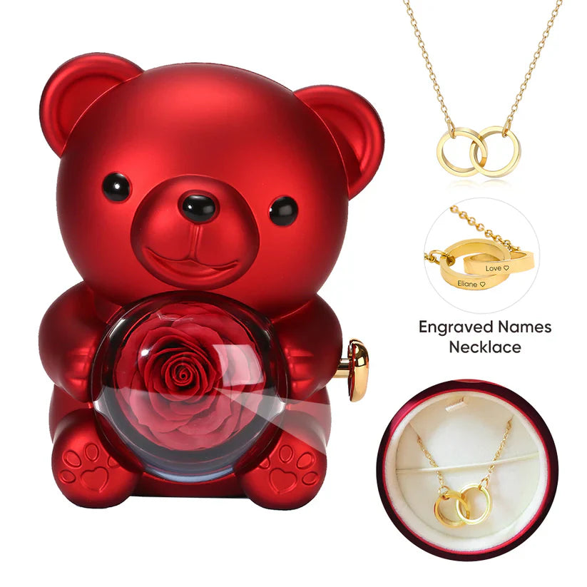 Exquisite Teddy Bear Gift Box with Eternal Rose & Custom Jewelry